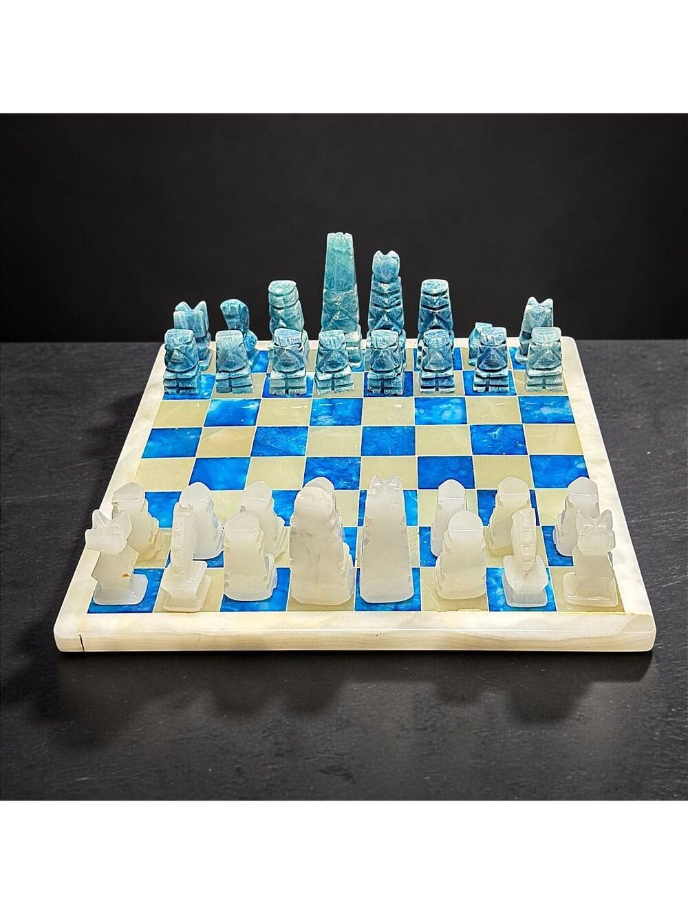 Antique Blue & White Marble Chess Set (1 pc is brocken) Hand Carved Board & Pcs